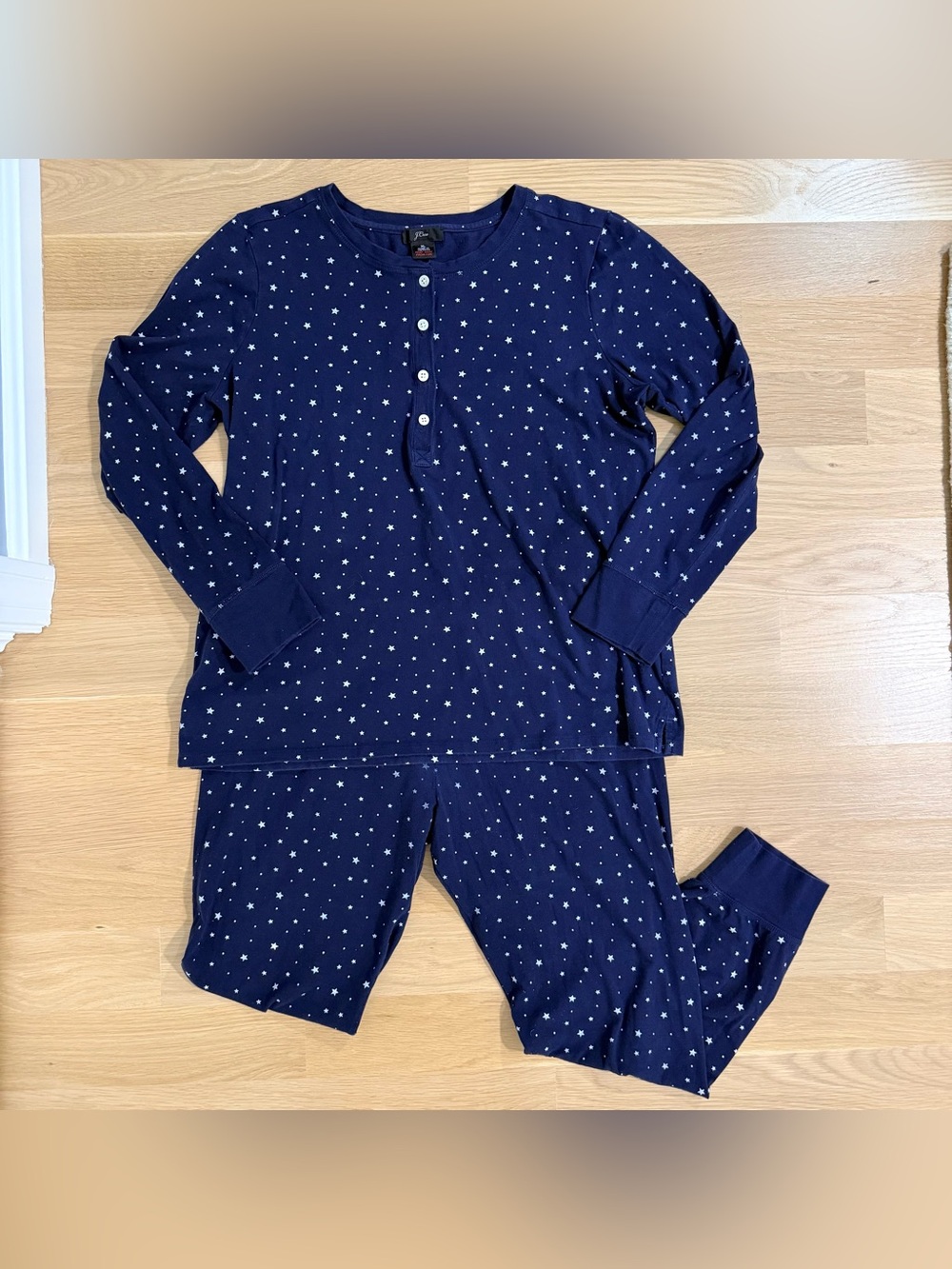 J Crew Women’s Star Print Long Sleeve Pajama Set Navy Blue White XL